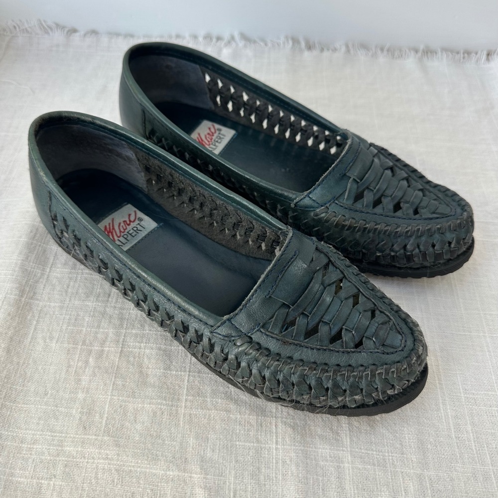 Marc Alpert Woven‎ Leather Loafers Slides Dark Green Shoes Women's Size 6.5 M